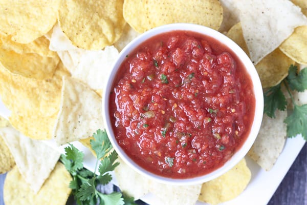 Copycat Chilis Salsa from top with nachos
