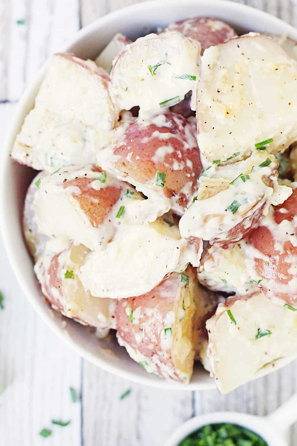 Crock Pot Ranch Potatoes from the top close-up.