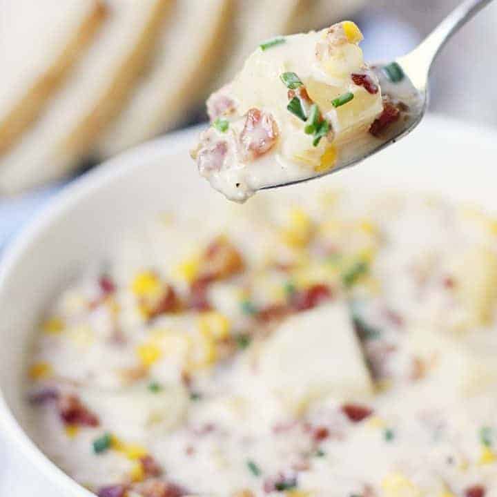 Easy Slow Cooker Corn Chowder - Slow cooker corn chowder is easier than you think! Only 15 minutes of prep and your trusty slow cooker for an easy corn chowder the entire family will love! #slowcooker #crockpot #chowder #cornchowder #easyrecipe #slowcookercornchowder #halfscratched #soup #souprecipe #maindish #corn