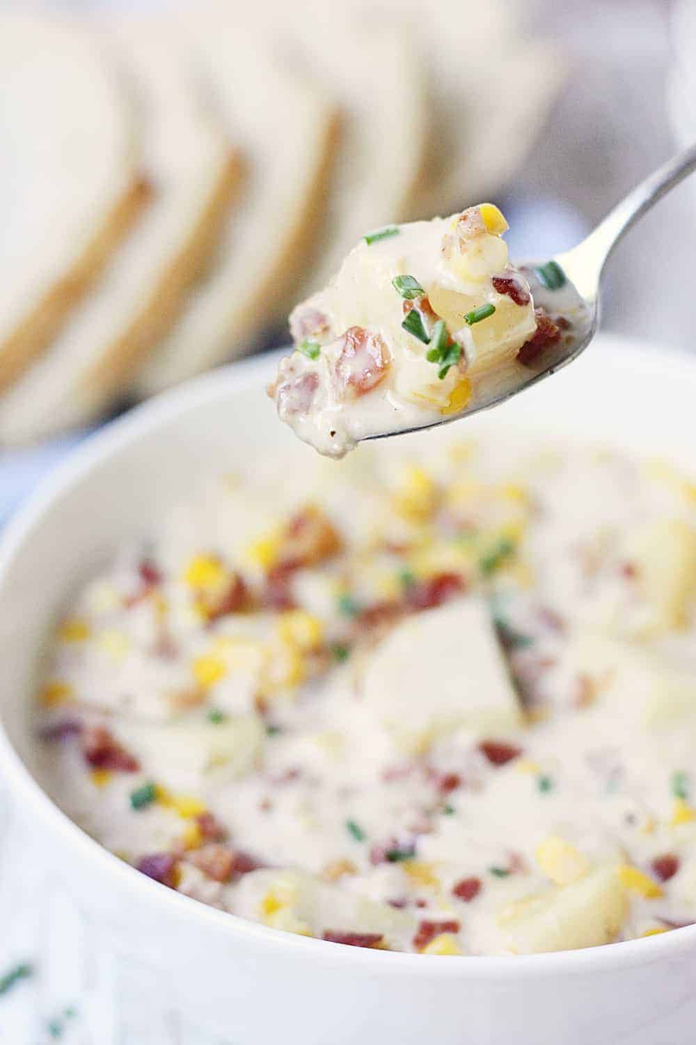 Easy Slow Cooker Corn Chowder on a fork