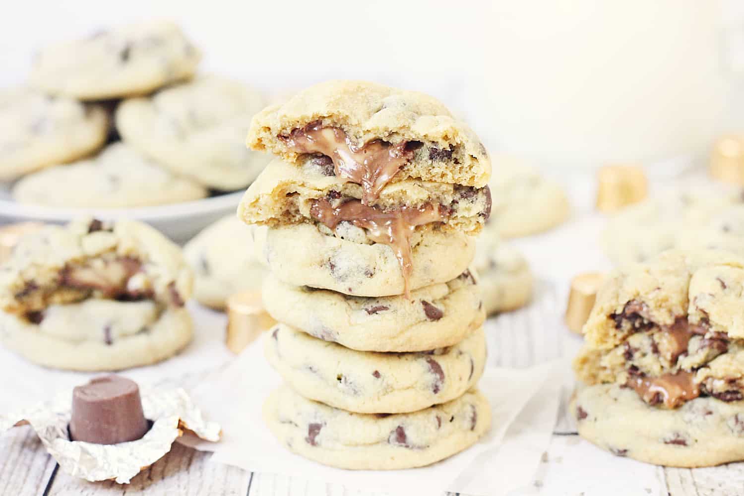 Chocolate Chip Rolo Cookies - Chocolate chip Rolo cookies feature a soft, chewy chocolate chip cookie filled with an ooey, gooey Rolo center. These Rolo cookies will make you rethink the classic recipe! #cookies #halfscratched #rolo #rolocookies #dessert #easyrecipe #cookierecipe #chocolate #cookiedough #baking