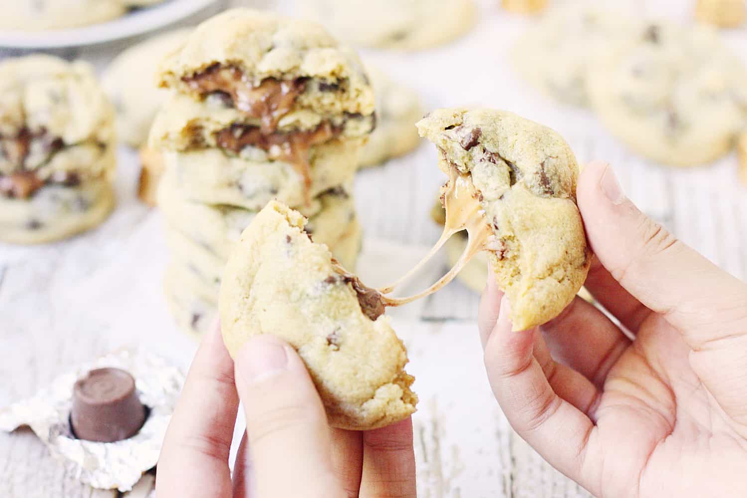 Chocolate Chip Rolo Cookies - Chocolate chip Rolo cookies feature a soft, chewy chocolate chip cookie filled with an ooey, gooey Rolo center. These Rolo cookies will make you rethink the classic recipe! #cookies #halfscratched #rolo #rolocookies #dessert #easyrecipe #cookierecipe #chocolate #cookiedough #baking