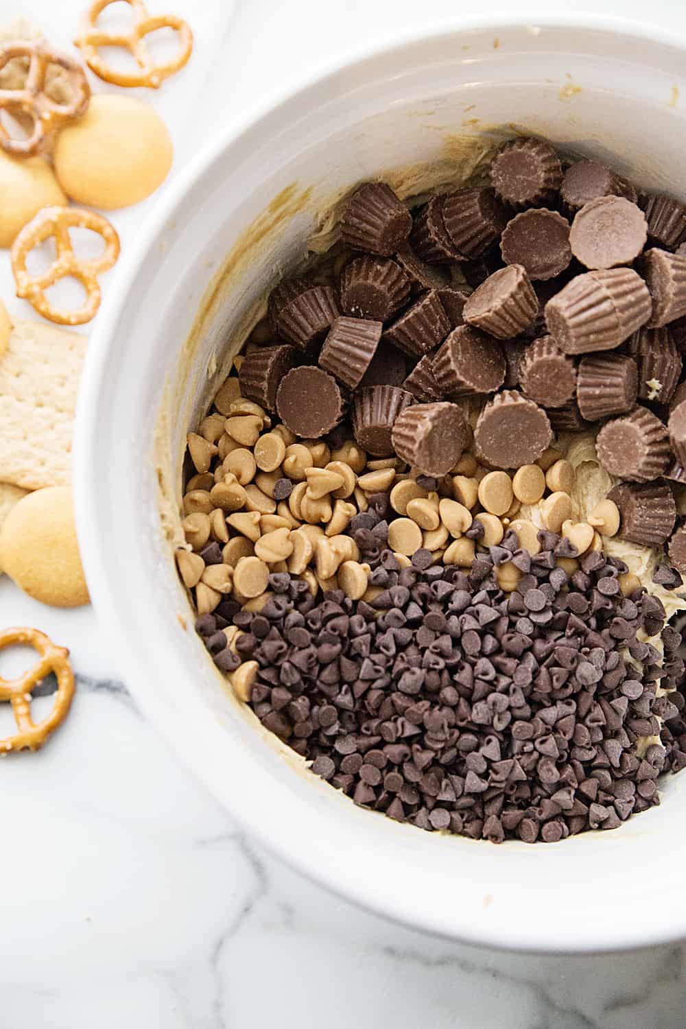 Peanut Butter Cookie Dough Dip ingredients in a bowl.