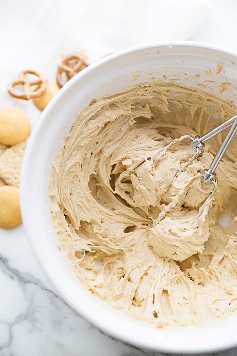 Peanut Butter Cookie Dough Dip mixing ingredients.