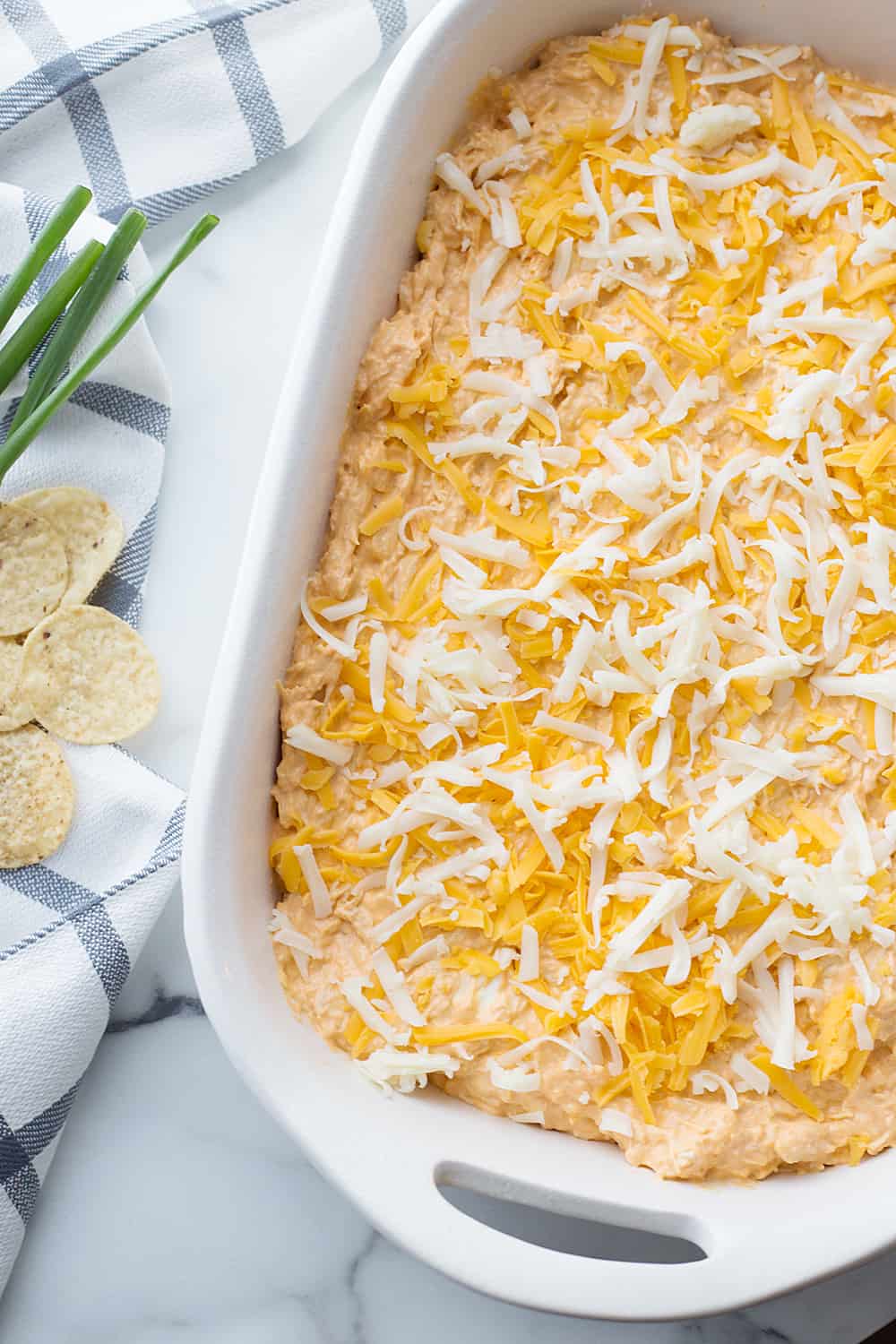 Best Buffalo Chicken Dip ready to go to oven.