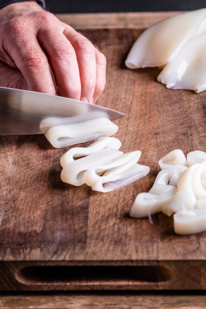 Slicing Frozen Calamari after Thawing