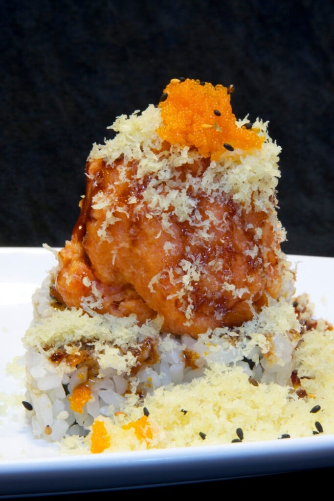 Volcano Roll with tobiko on top