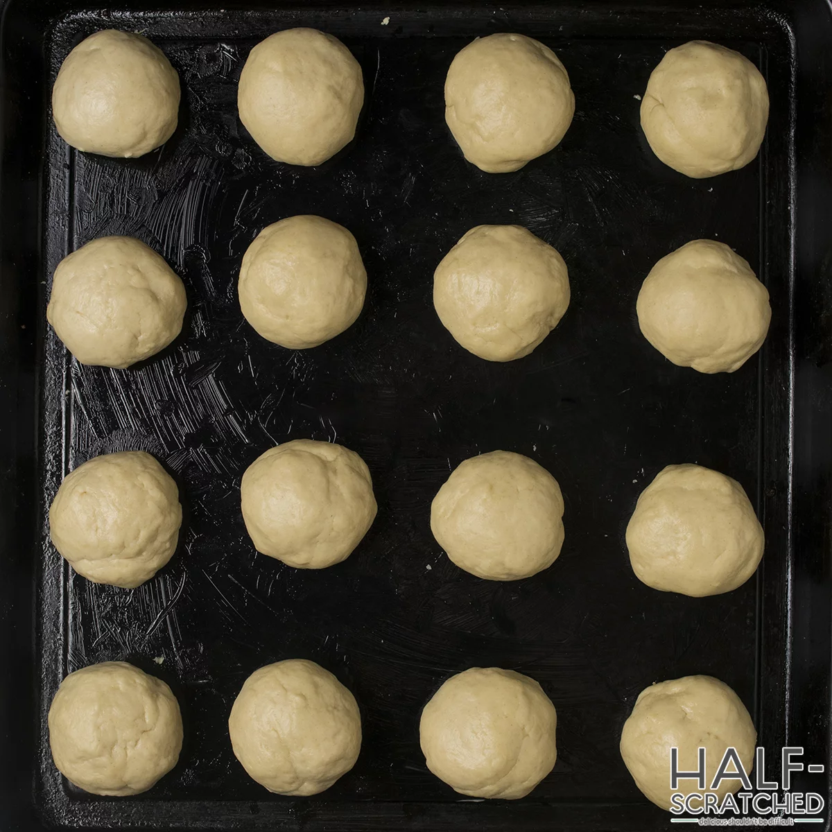 Dough balls in baking tray