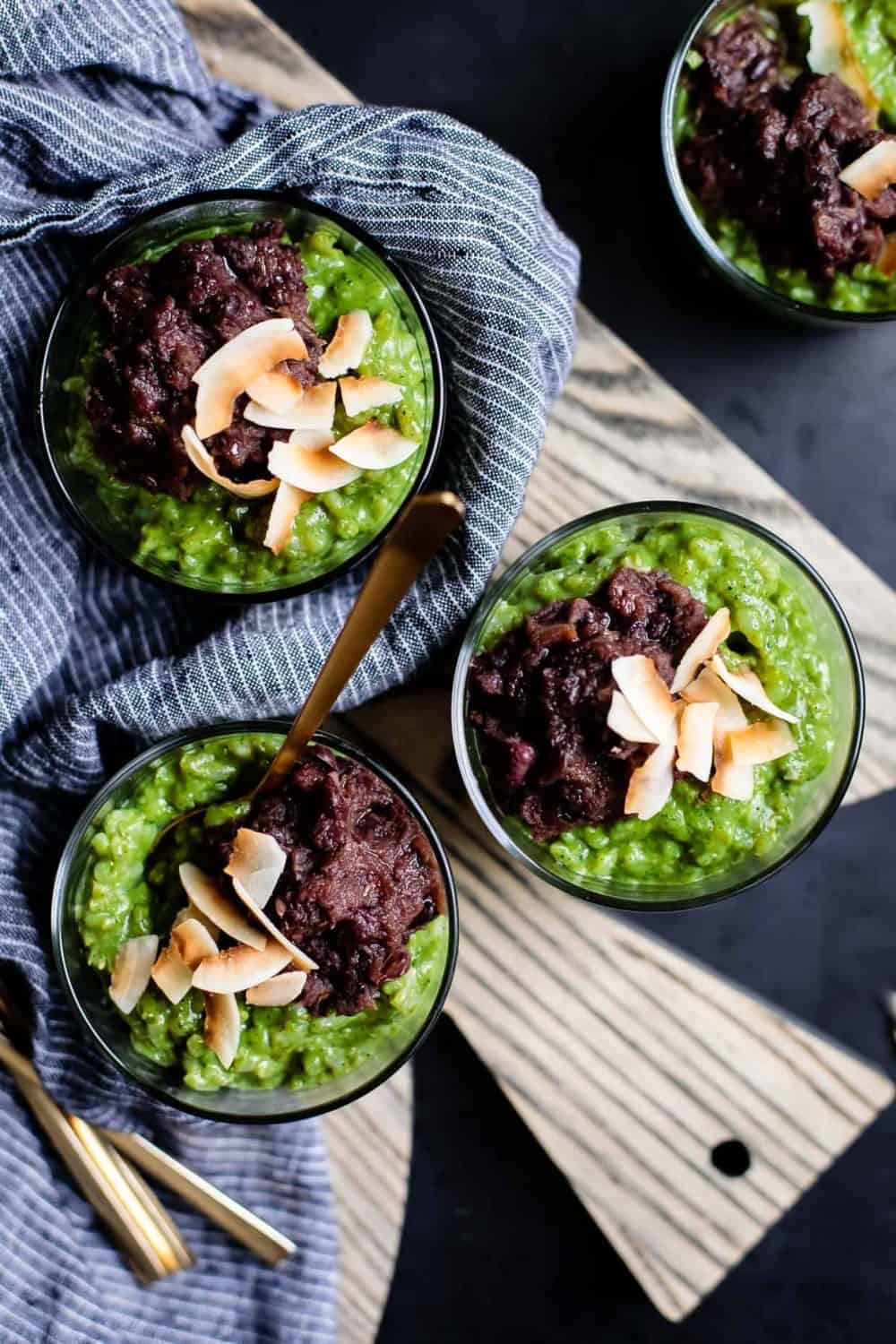 Coconut Matcha Rice Pudding with Date Adzuki Bean Paste