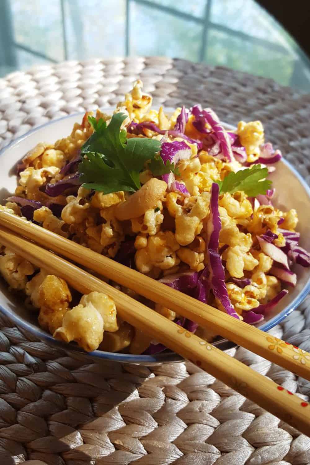 Vegan Red Curry Popcorn with Cashews and Cabbage