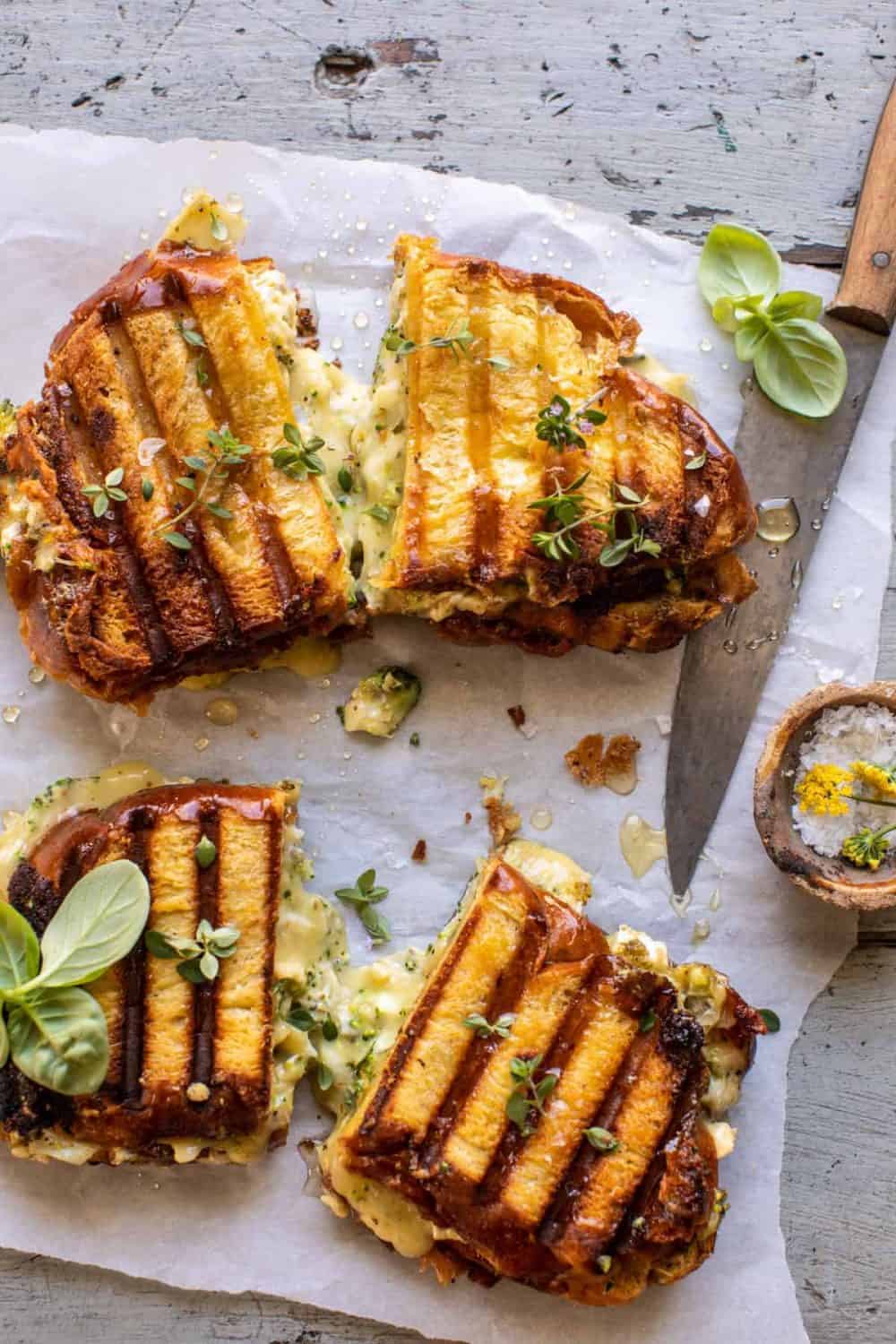 Artichoke and Broccoli Pesto Brie Panini with Thyme Honey