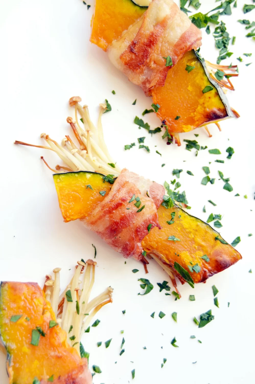 Bacon Wrapped Enoki Mushrooms and Kabocha Squash