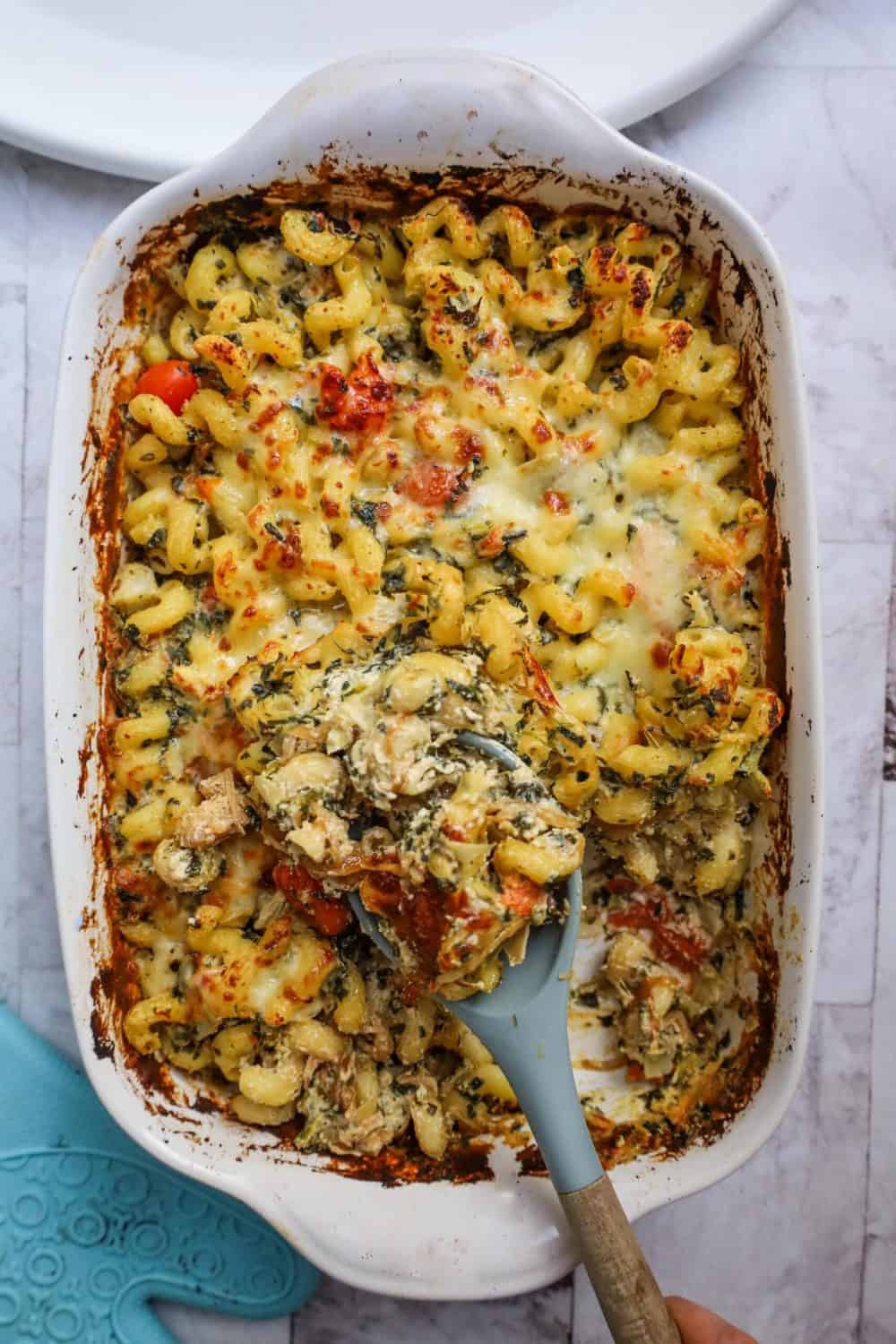 Cheesy Spinach Artichoke Pasta with Blistered Tomatoes and Caramelized Onions