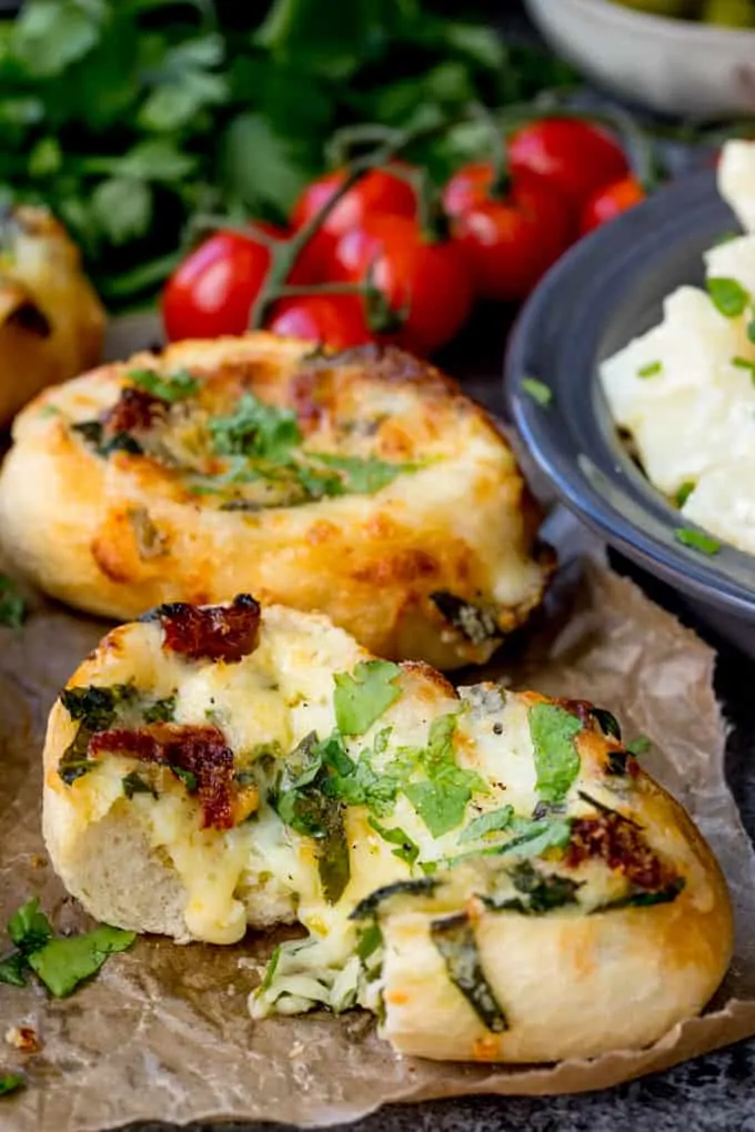 Cheese Stuffed Bread with Spinach and Sun Dried Tomato