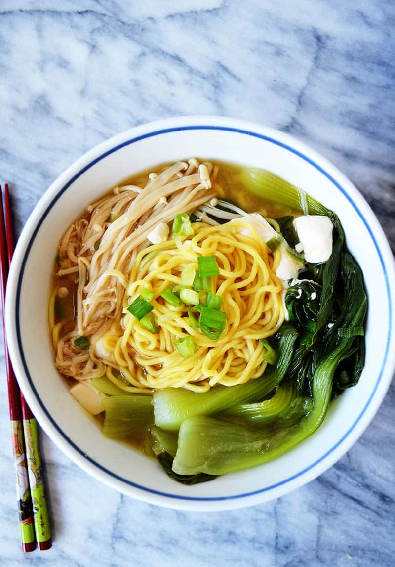 Ramen Miso Soup with Enoki Mushrooms and Baby Bok Choy