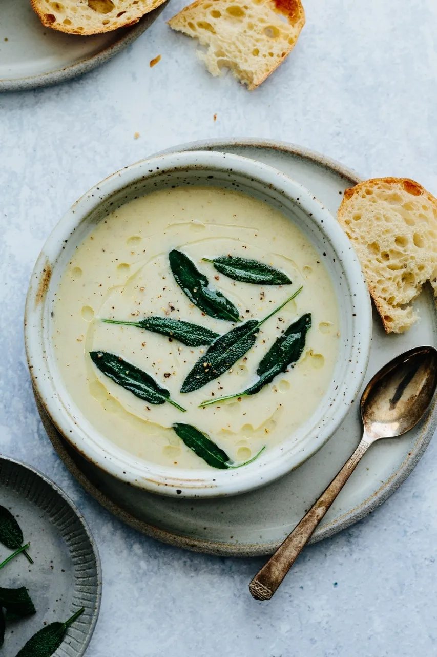 Jerusalem Artichoke Soup with Truffle Oil and Fried Sage Leaves