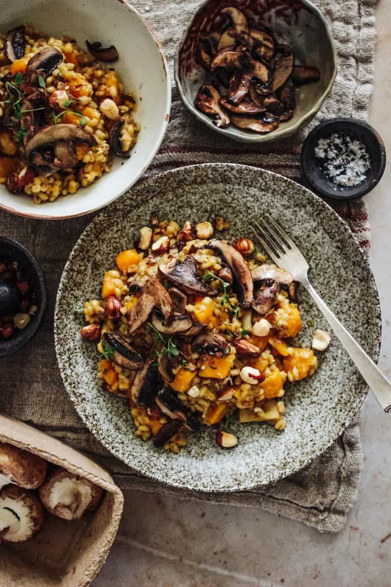 Squash and Mushroom Pearl Barley Risotto with Truffle Oil and Toasted Hazelnuts