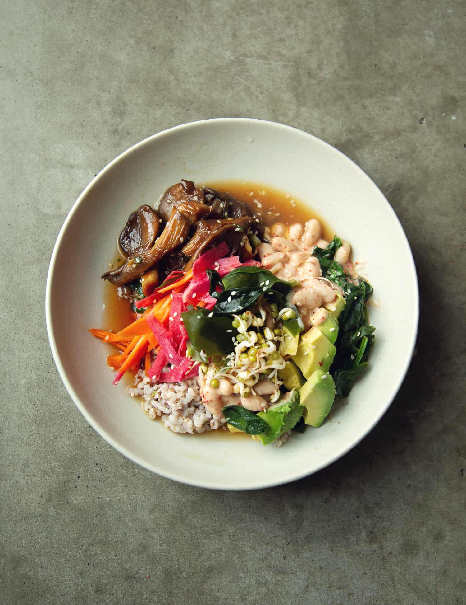 Grain Bowl with Shiru Broth and Oyster Mushrooms