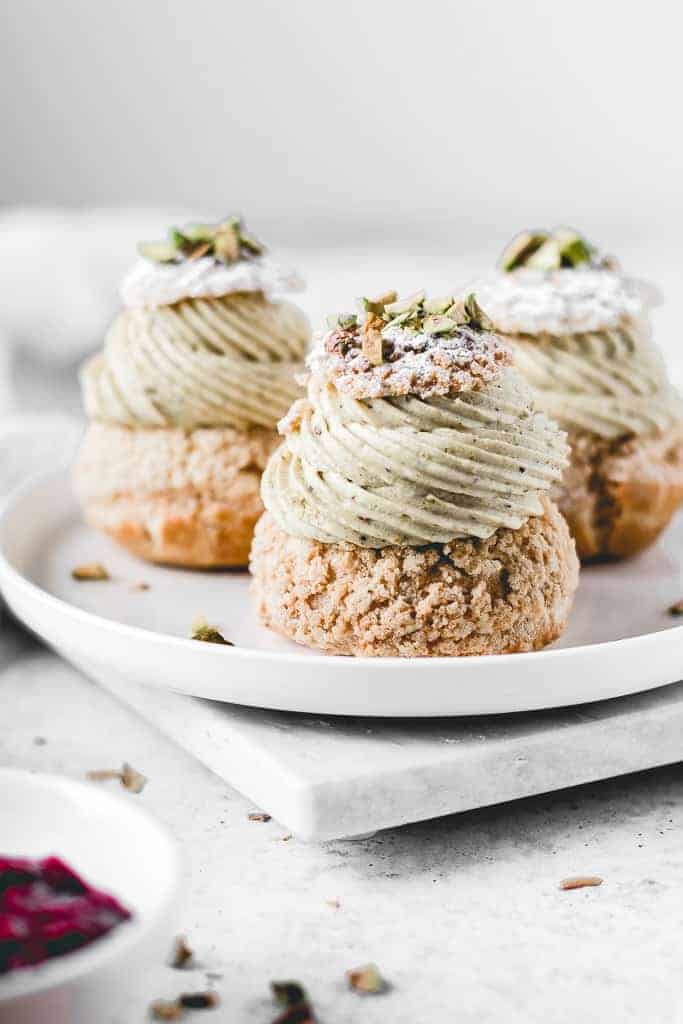 Cream Puffs with Pistachio Creme Mousseline and Raspberry Jam