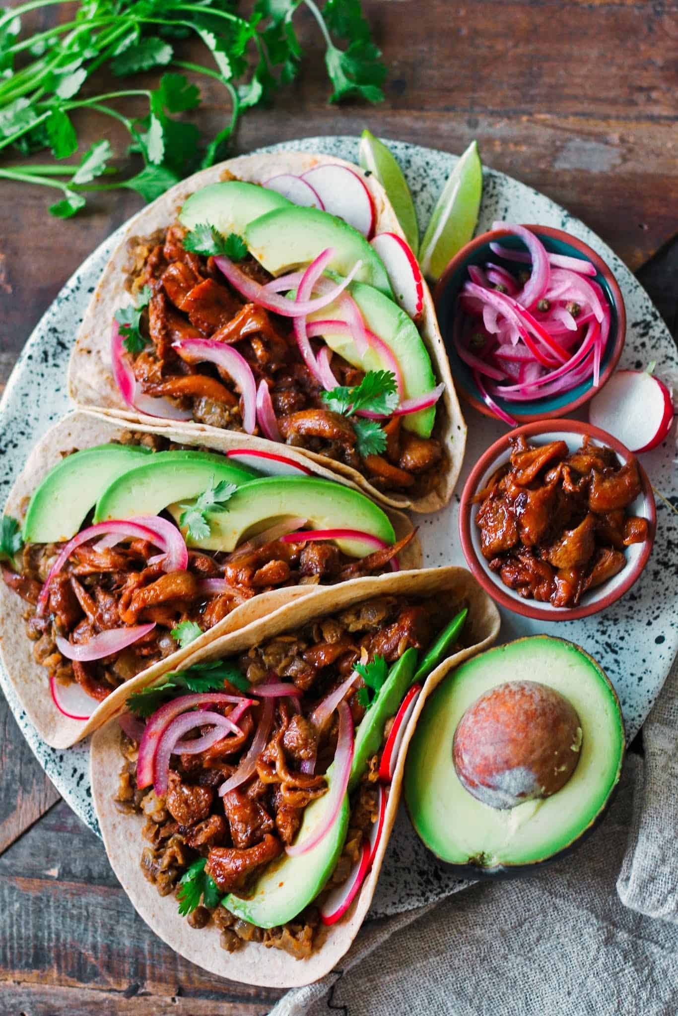 Vegan BBQ Pulled Lion's Mane Mushroom Tacos