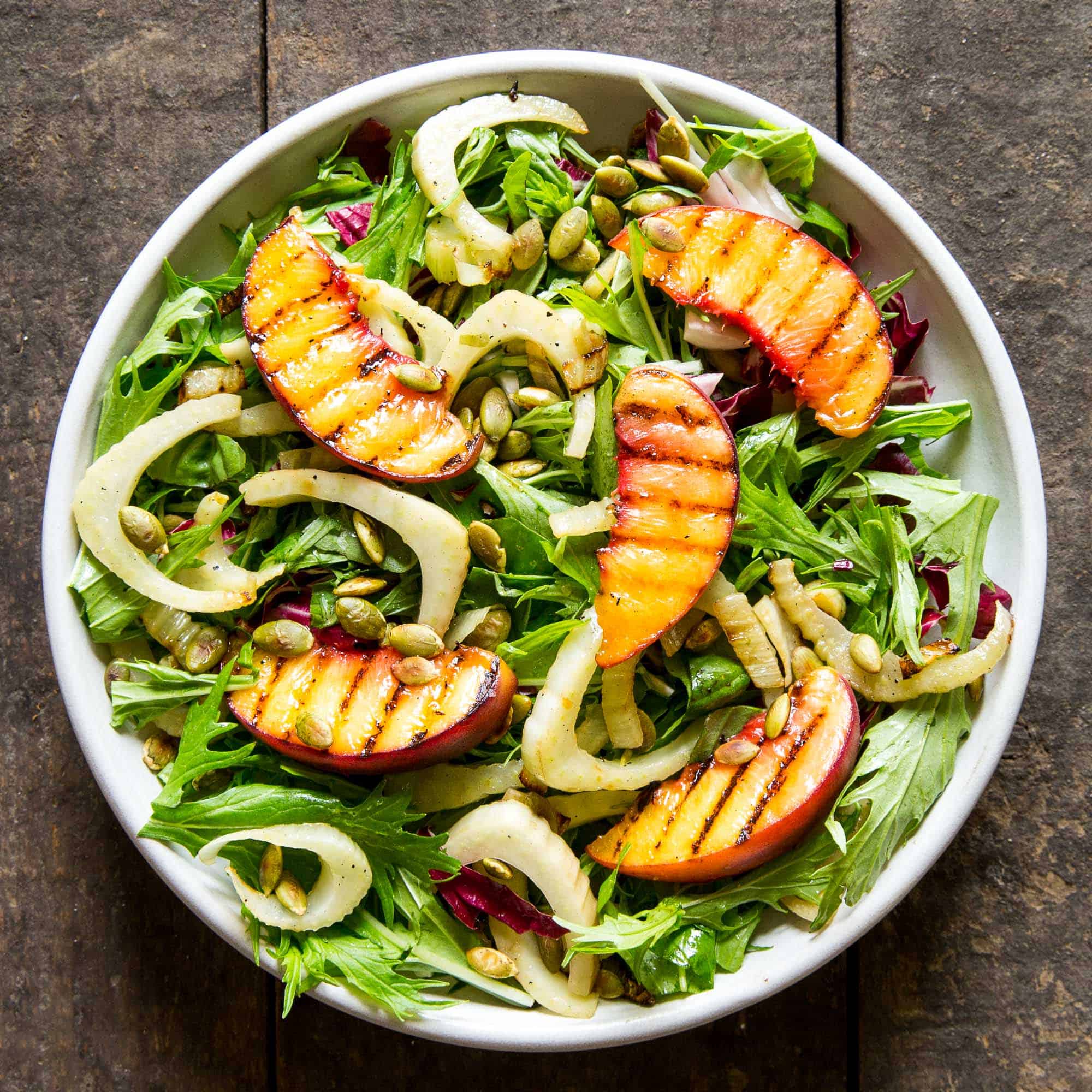 Grilled Peach and Mizuna Salad