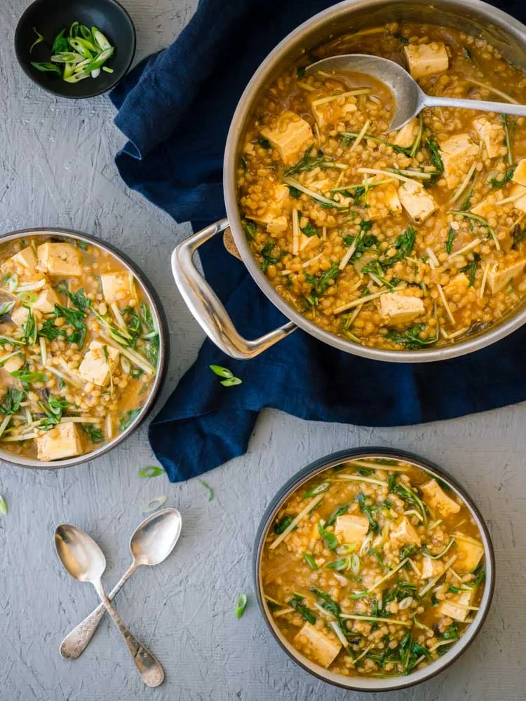 Spicy Tofu Soup with Mizuna Greens