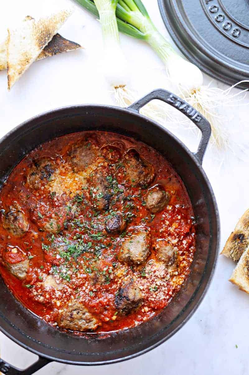 Pan-Braised Meatballs with Spring Onions and Parm