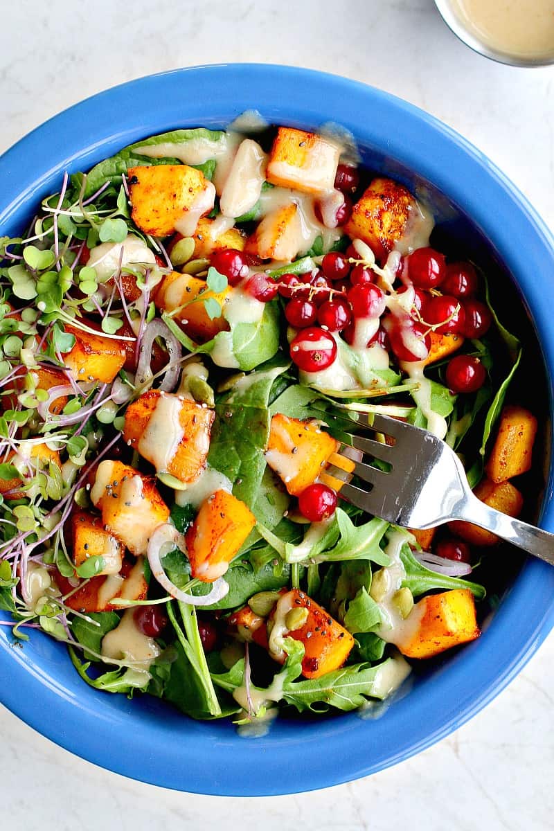 Warm Roasted Squash Salad With Red Currants and Maple Tahini Dressing