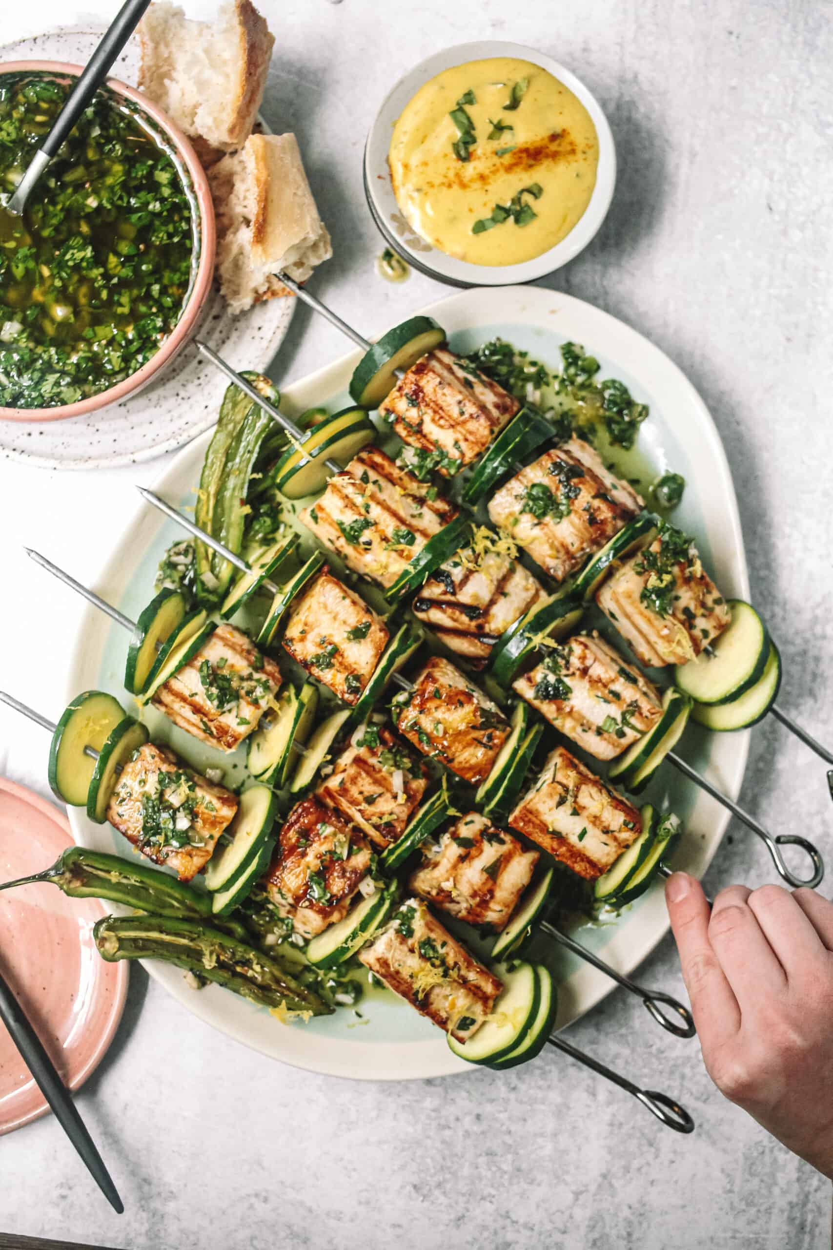 Grilled Swordfish Brochettes with Charred Serrano Chimichurri and Citrus Tarragon Aioli