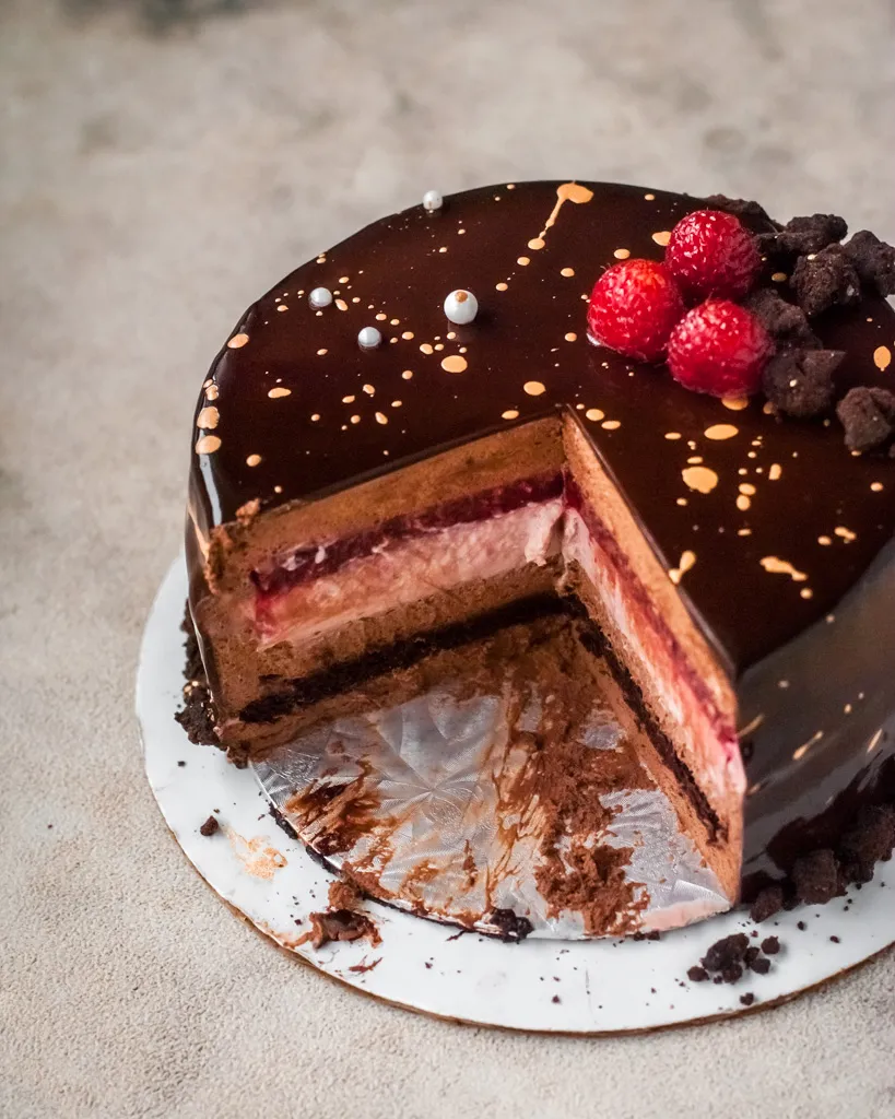 Chocolate and Raspberry Mousse Cake with Dark Chocolate Mirror Glaze