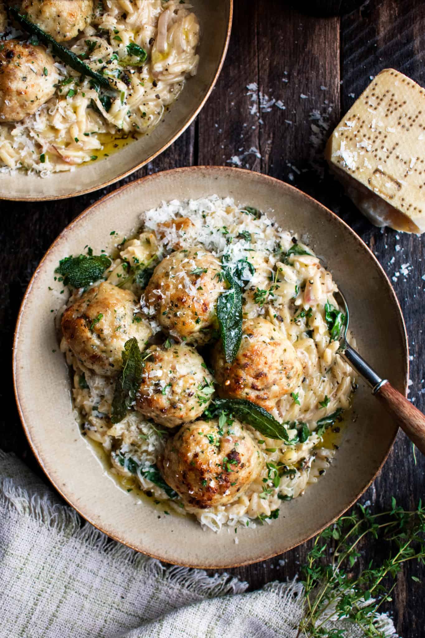 Baked Sage Chicken Meatballs with Parmesan Orzo