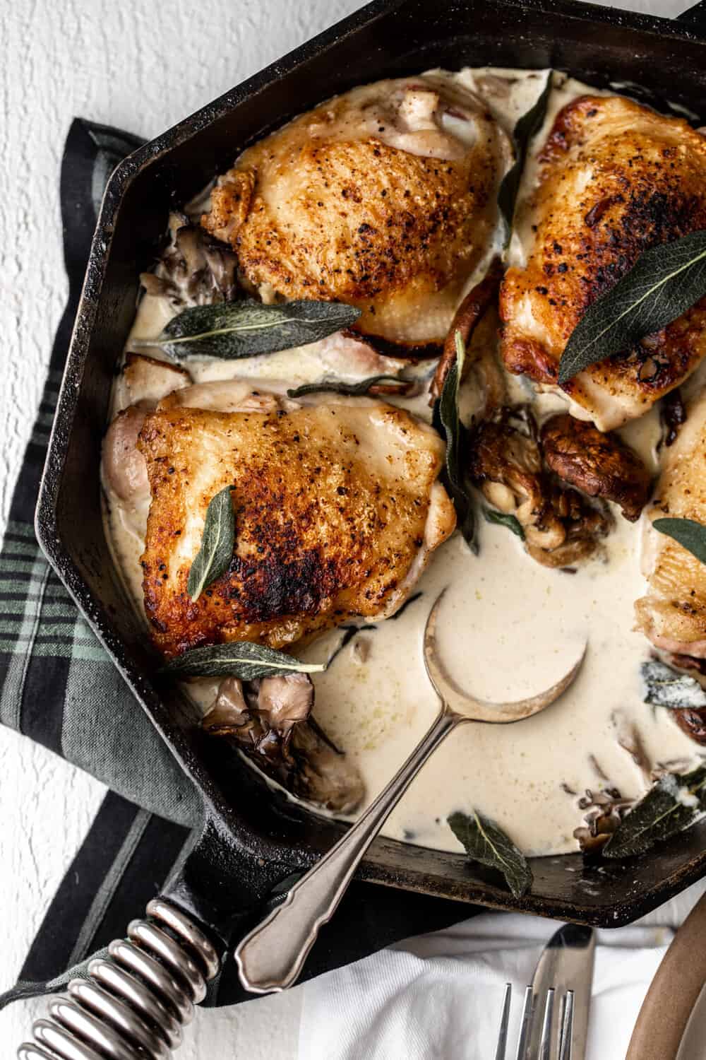 Chicken Thighs with Wild Mushroom and Sage Cream Sauce