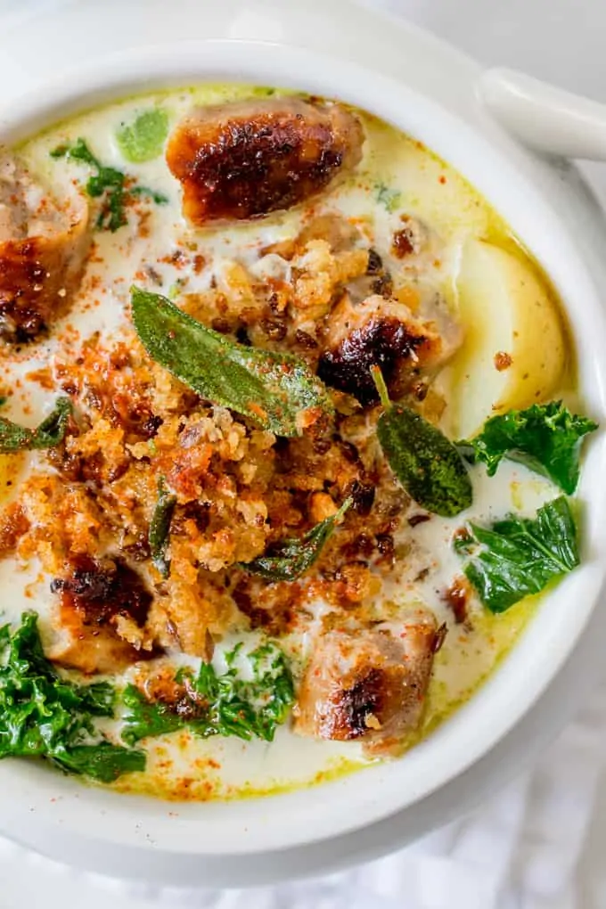 Creamy Sausage Soup with Buttered Breadcrumbs and Sage