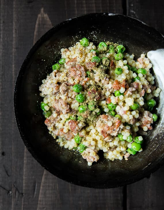 Pastina with Sausage, Peas and Za’atar