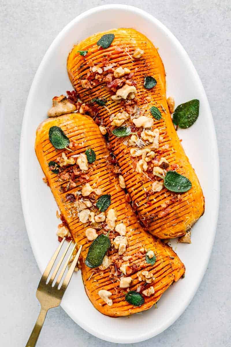 Hasselback Butternut Squash with Brown Butter Sage and Bacon