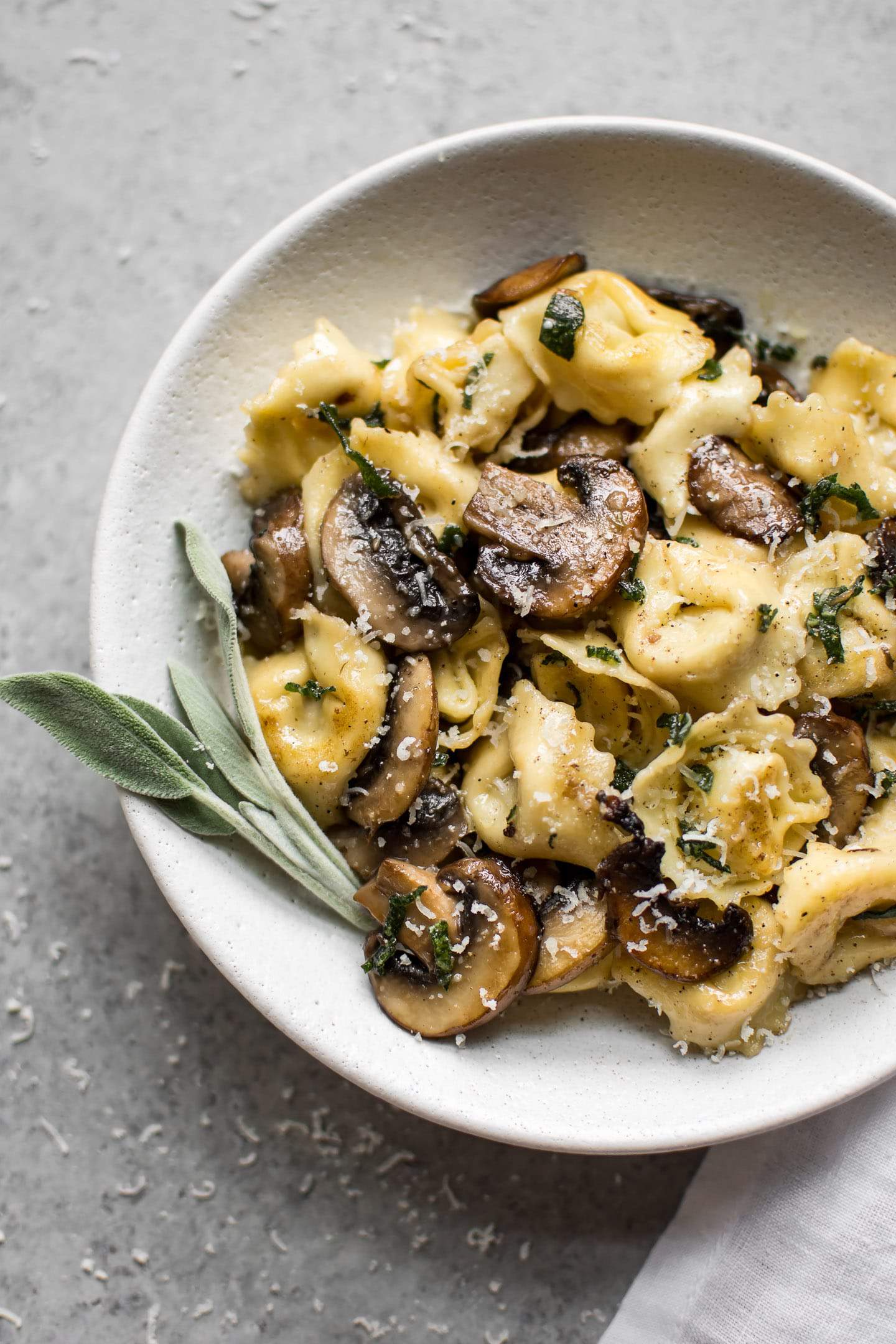 Cheese Tortellini with Butter, Mushrooms and Crispy Sage