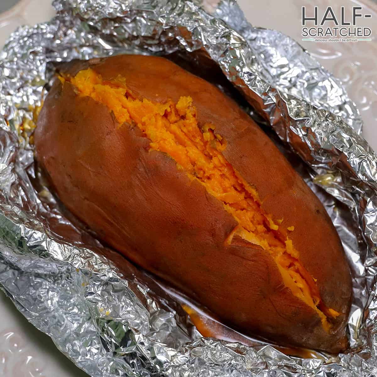 oven baked sweet potato in aluminum foil