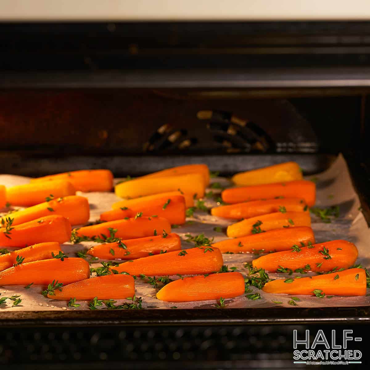 Peeled carrots in the oven