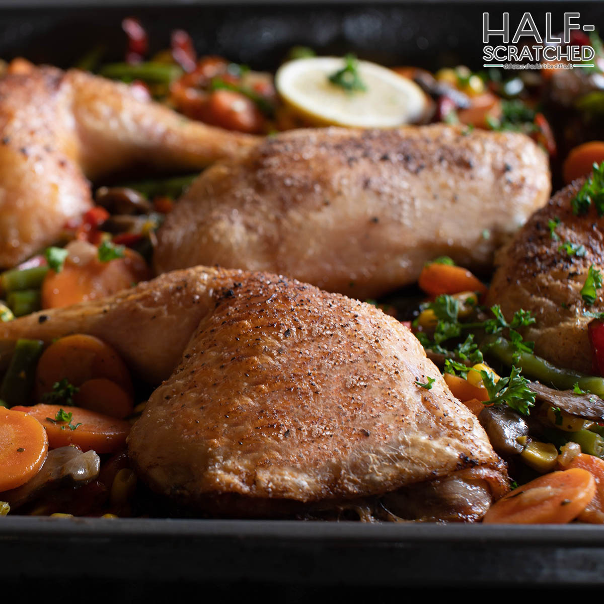 Chicken thighs in oven with vegetables