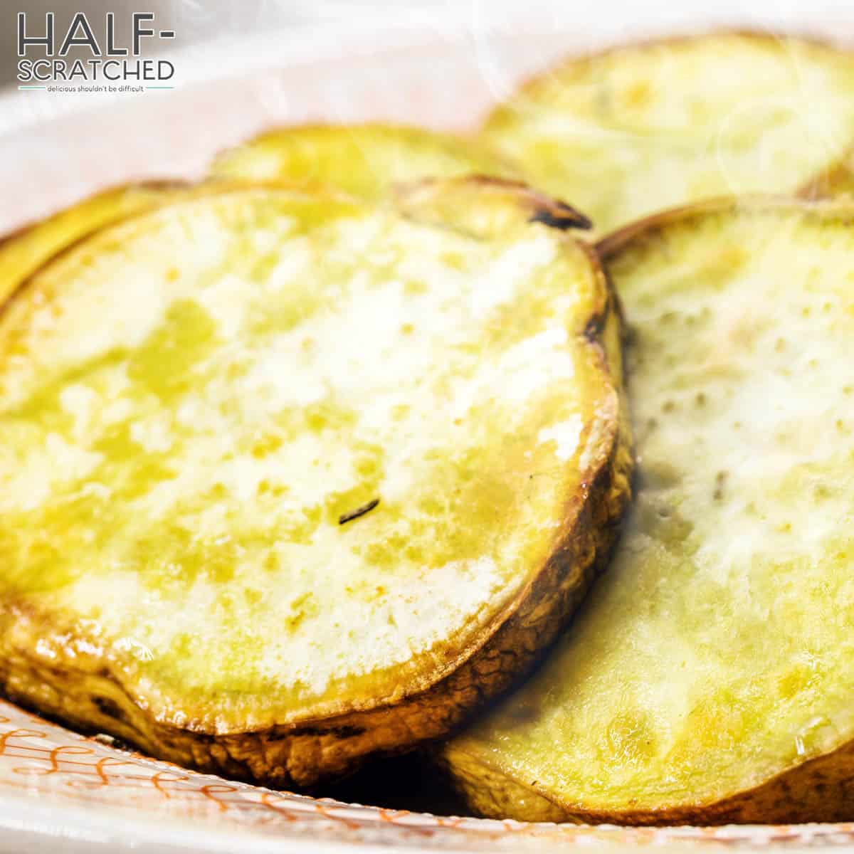 Sliced yams in oven