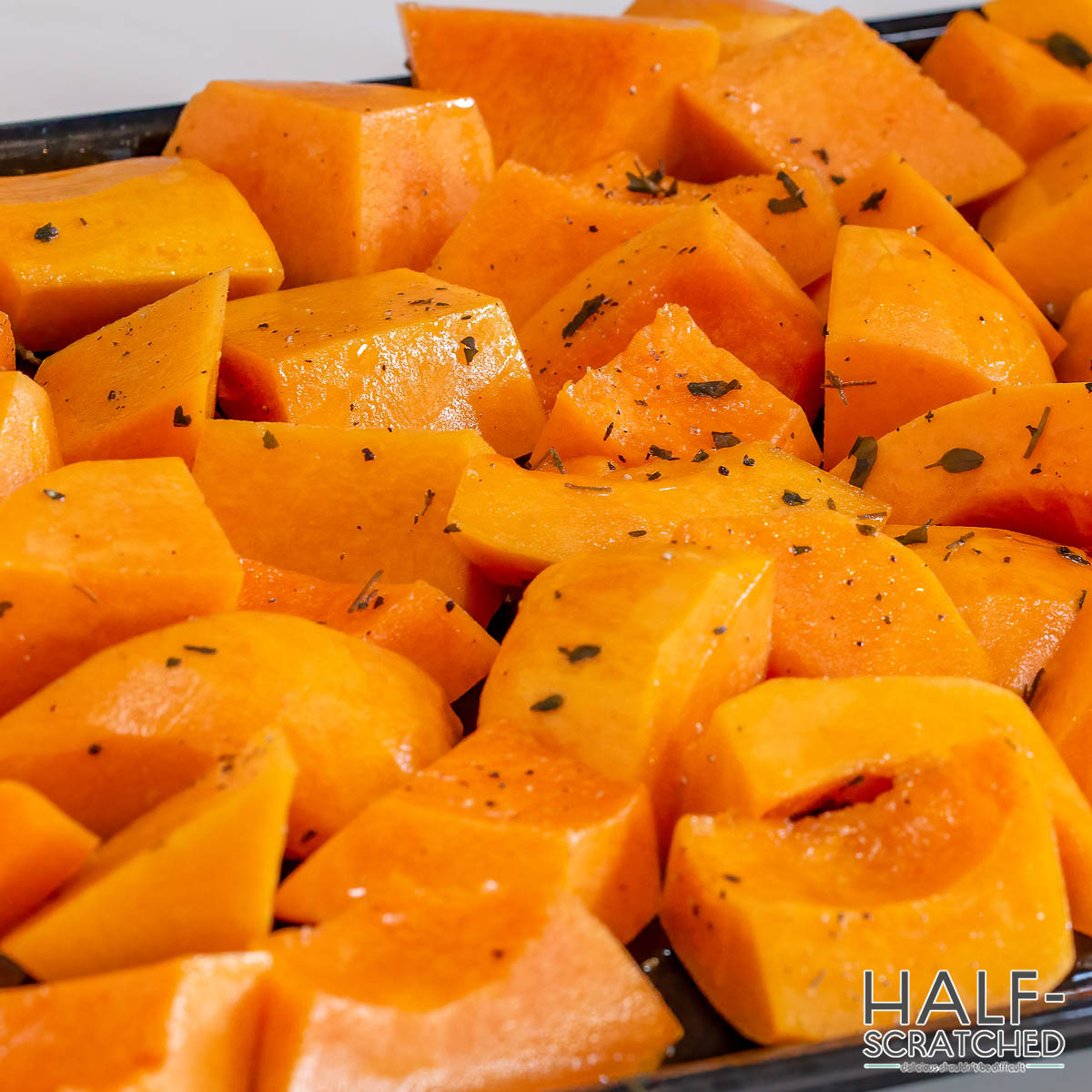 Butternut Squash chunks in oven at 400F