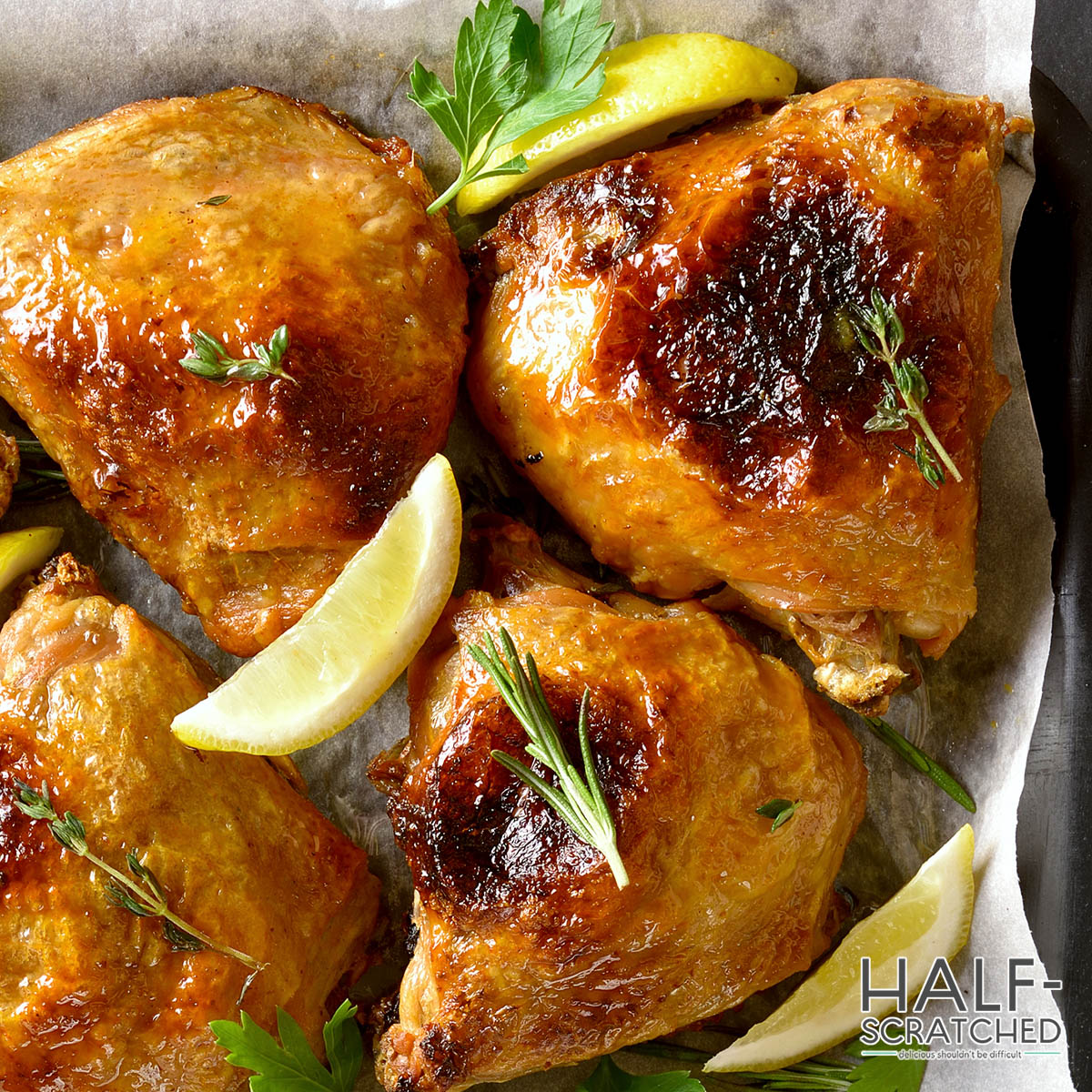 Chicken thighs on an oven tray