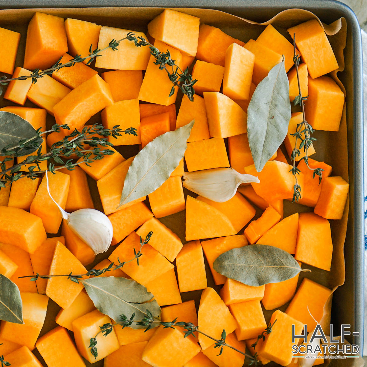 Diced Butternut Squash in oven at 400F