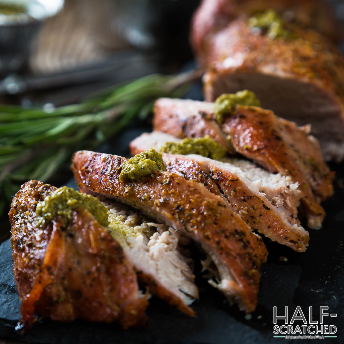 Close-up of a sliced pork tenderloin