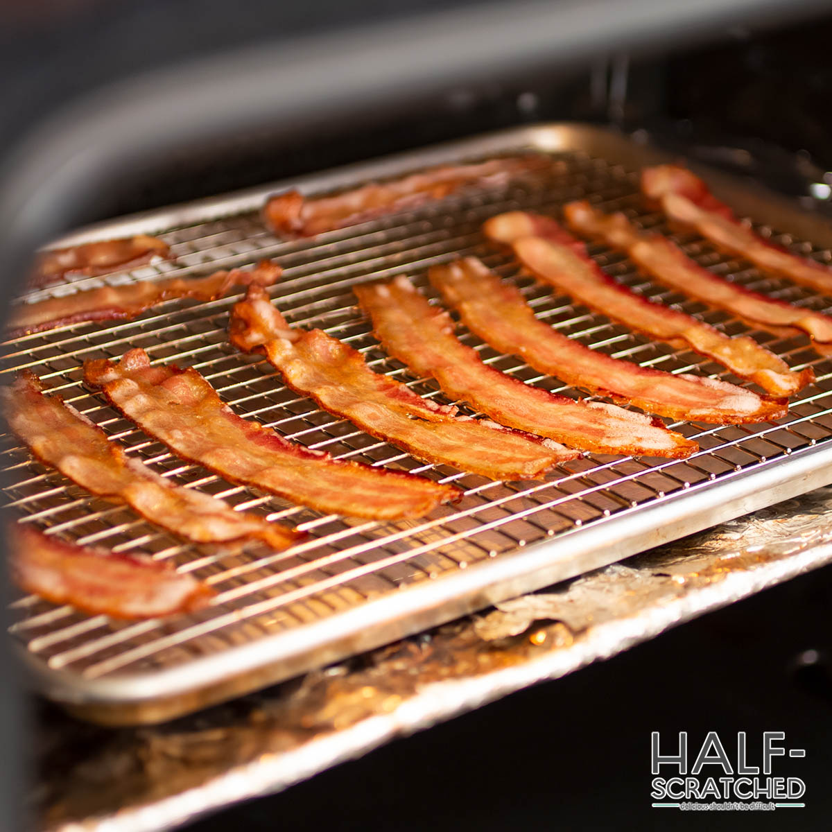 Bacon on a tray in the oven