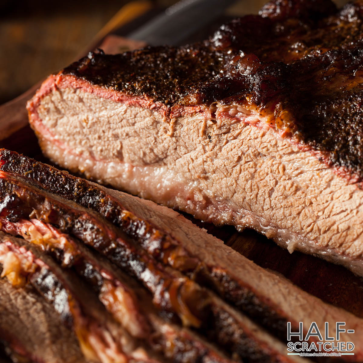 Close up of a sliced, smoked beef brisket