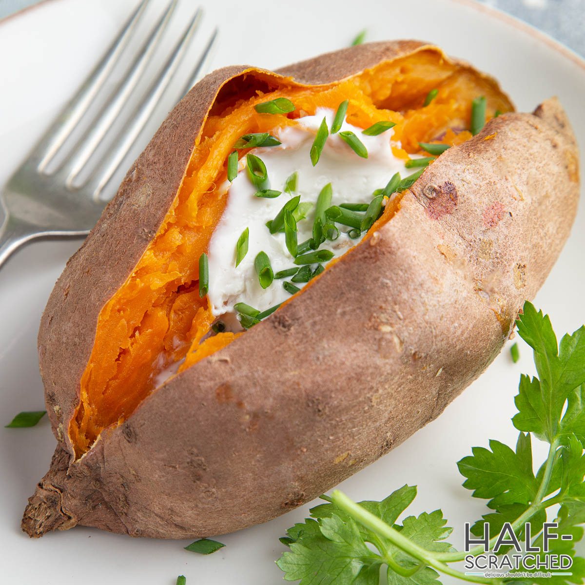 Cooked sweet potato with sauce