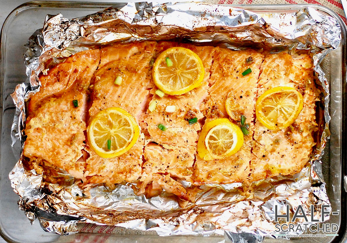 Salmon baked in the oven at 425F in foil