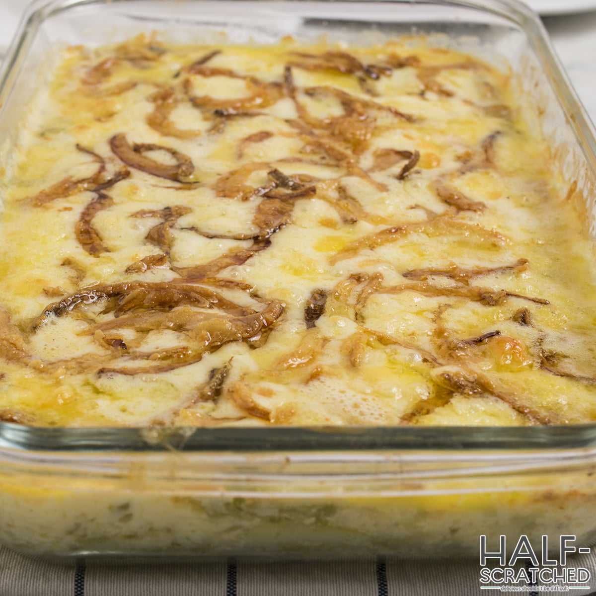 Close view of baked asparagus casserole