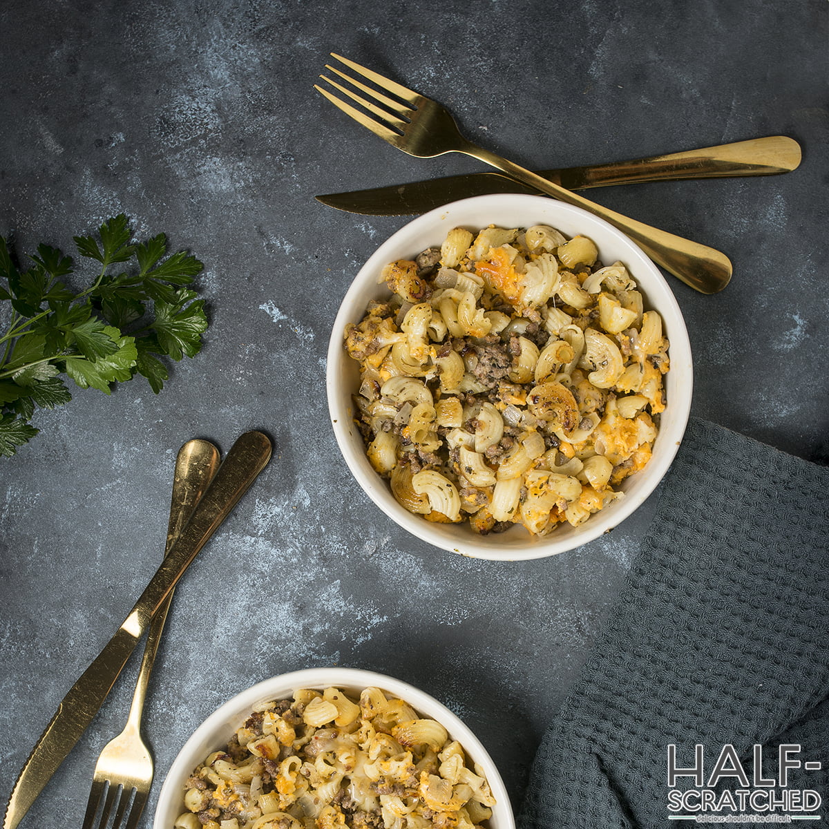 Top view of Pioneer Woman cheeseburger casserole